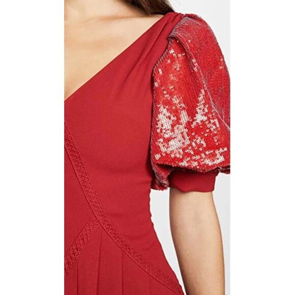 Self-Portrait Red Sequin Puff Sleeve Midi Dress Size 2 NWT - Picture 2 of 11